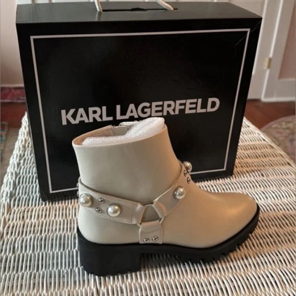 NEW! Karl Lagerfeld Smooth Calf Leather Pearl Accent *Pixie* Ankle Boots